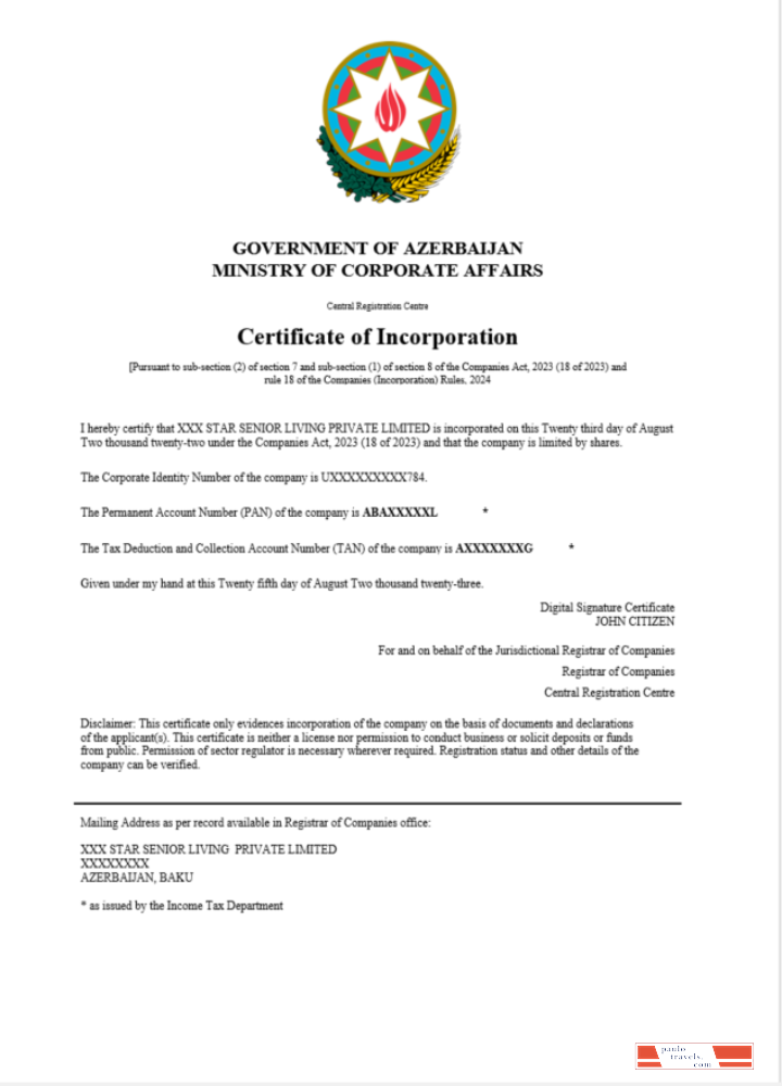 Azerbaijan certificate of registration Word and PDF template